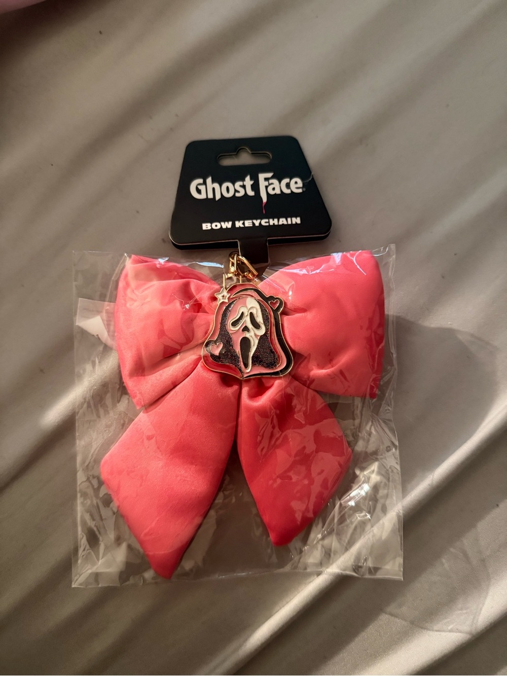 Ghost Face Pink Bow Keychain with Charm - Cute Horror Accessory